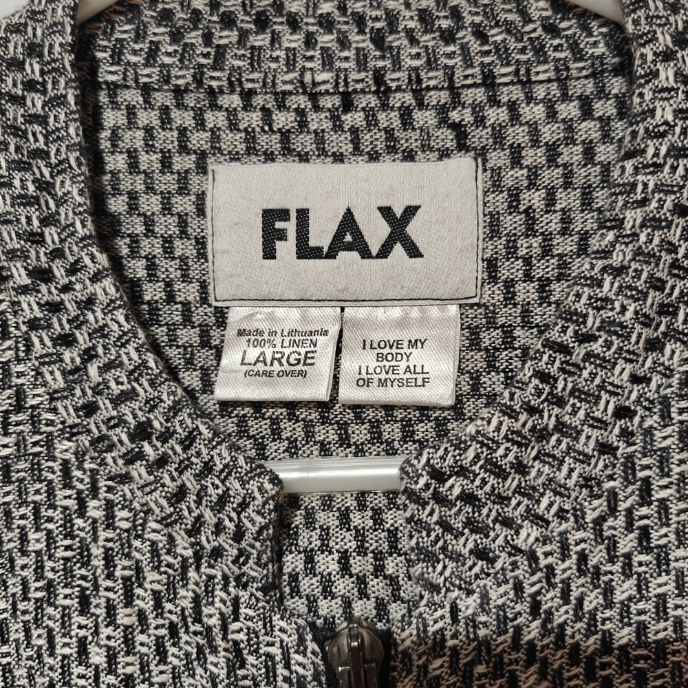 Flax Linen Jacket Large Textured Weave Pattern Black White Full Zip Pockets - Picture 3 of 4